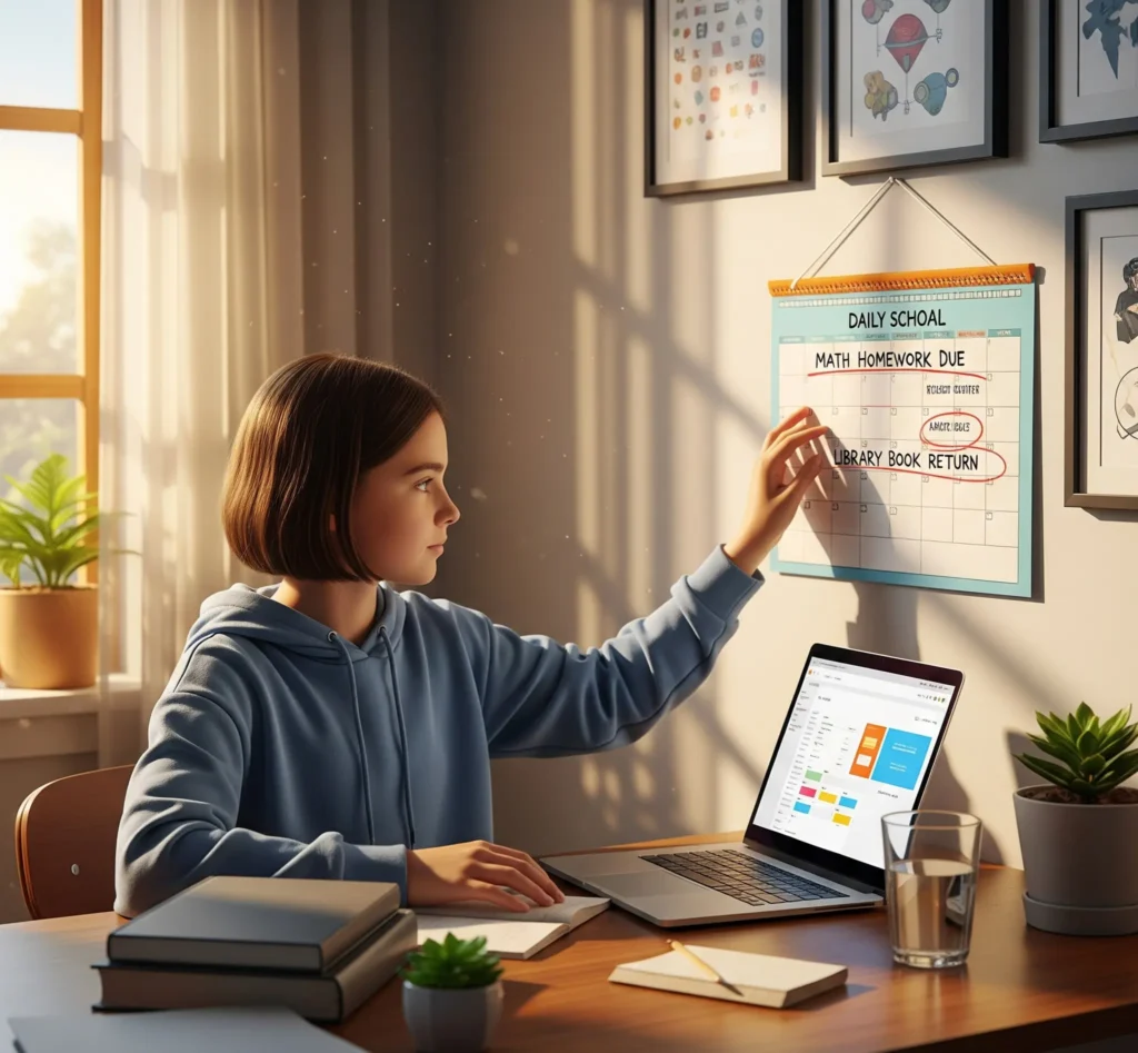 student looking at the calendar or daily planner to optimize the routine