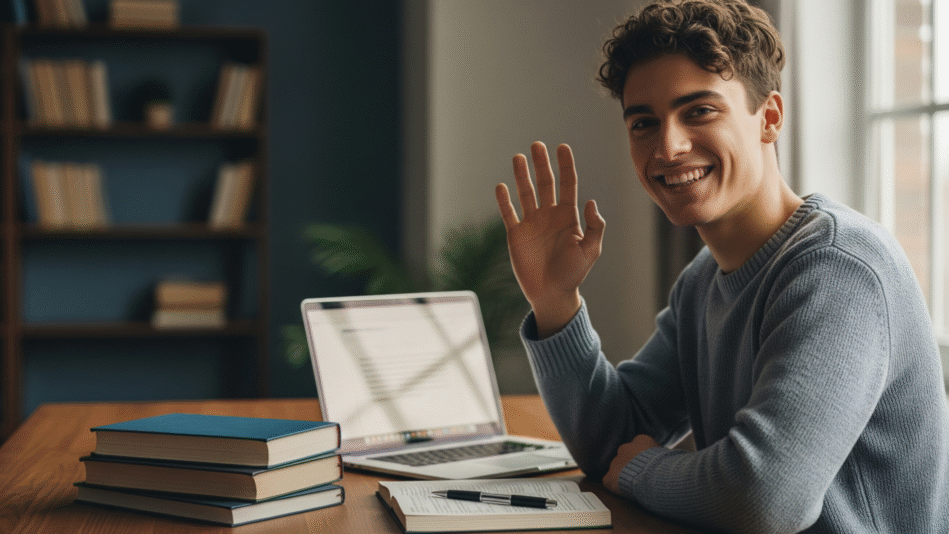 productive student waving with warm smile