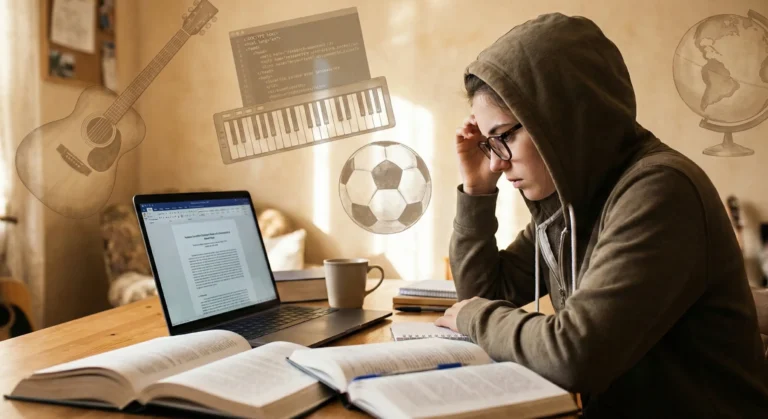 Student focusing hard to study amongst multiple interests